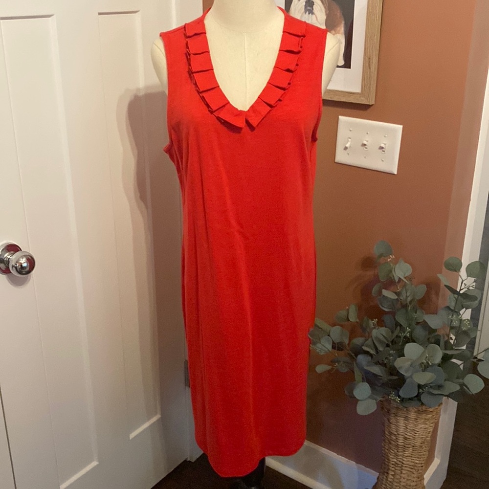 NWT Talbots Ruffled collar shift VNeck sleeveless red PL knee length dress